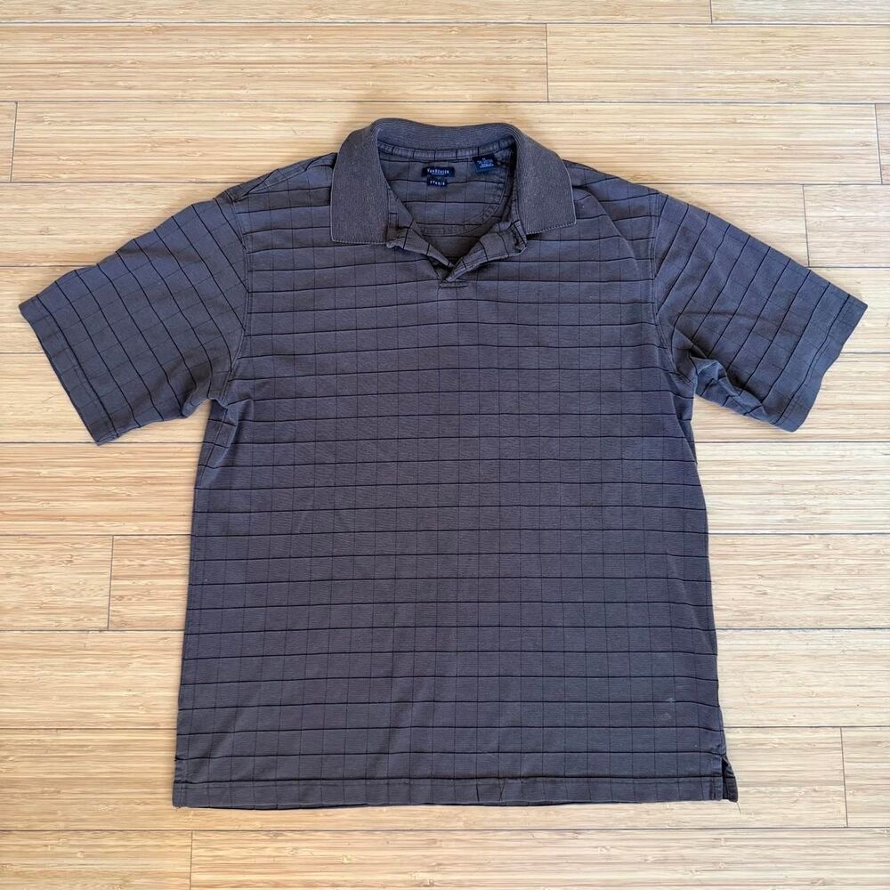 Van Heusen Studio Chocolate Brown Check Polo Shirt M Mens Y2K Vintage Prep